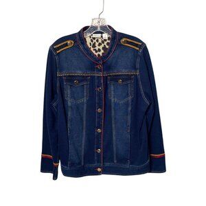 Chico's Zenergy Denim Military Jacket Size 2 = L Stretch Soft Jean Embroidered